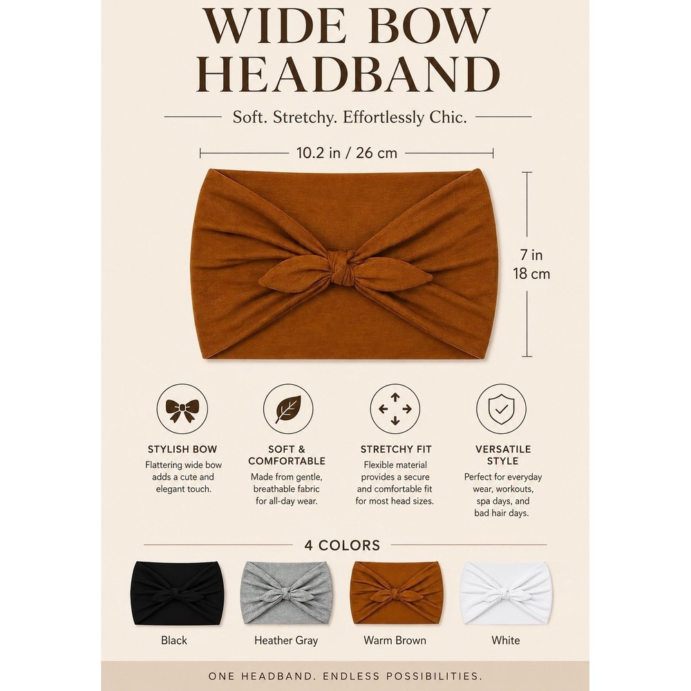 4 Pack Wide Bow Headband Stretchy Soft Jersey Hair Wrap Black Gray Brown White - Picture 5 of 5